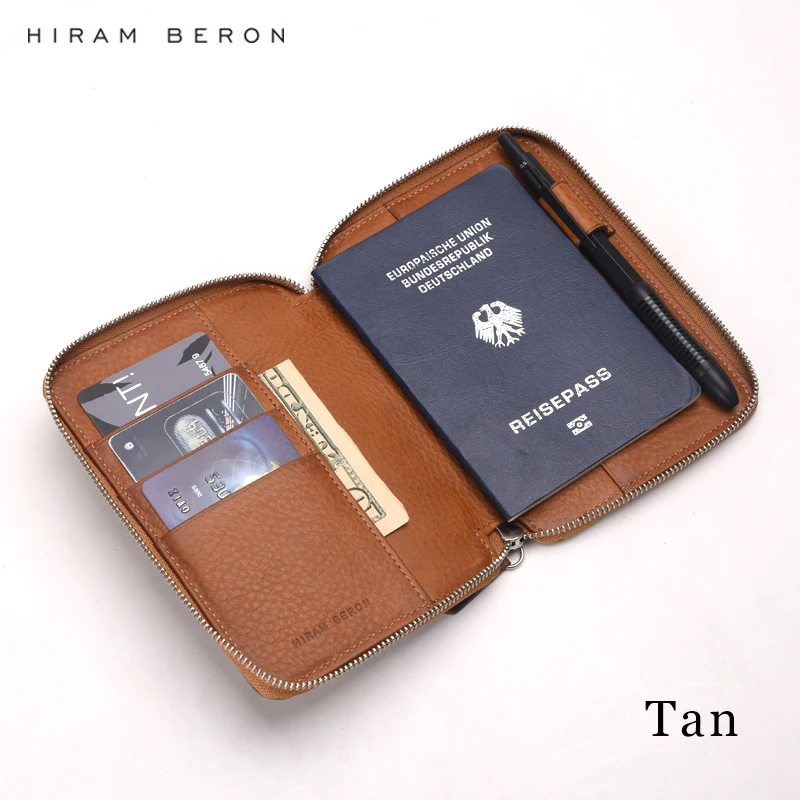 Hiram Beron Gift Passport Holder Cover Large Capacity RFID Blocking Zipper Genuine Wallet Gift for Friend Family