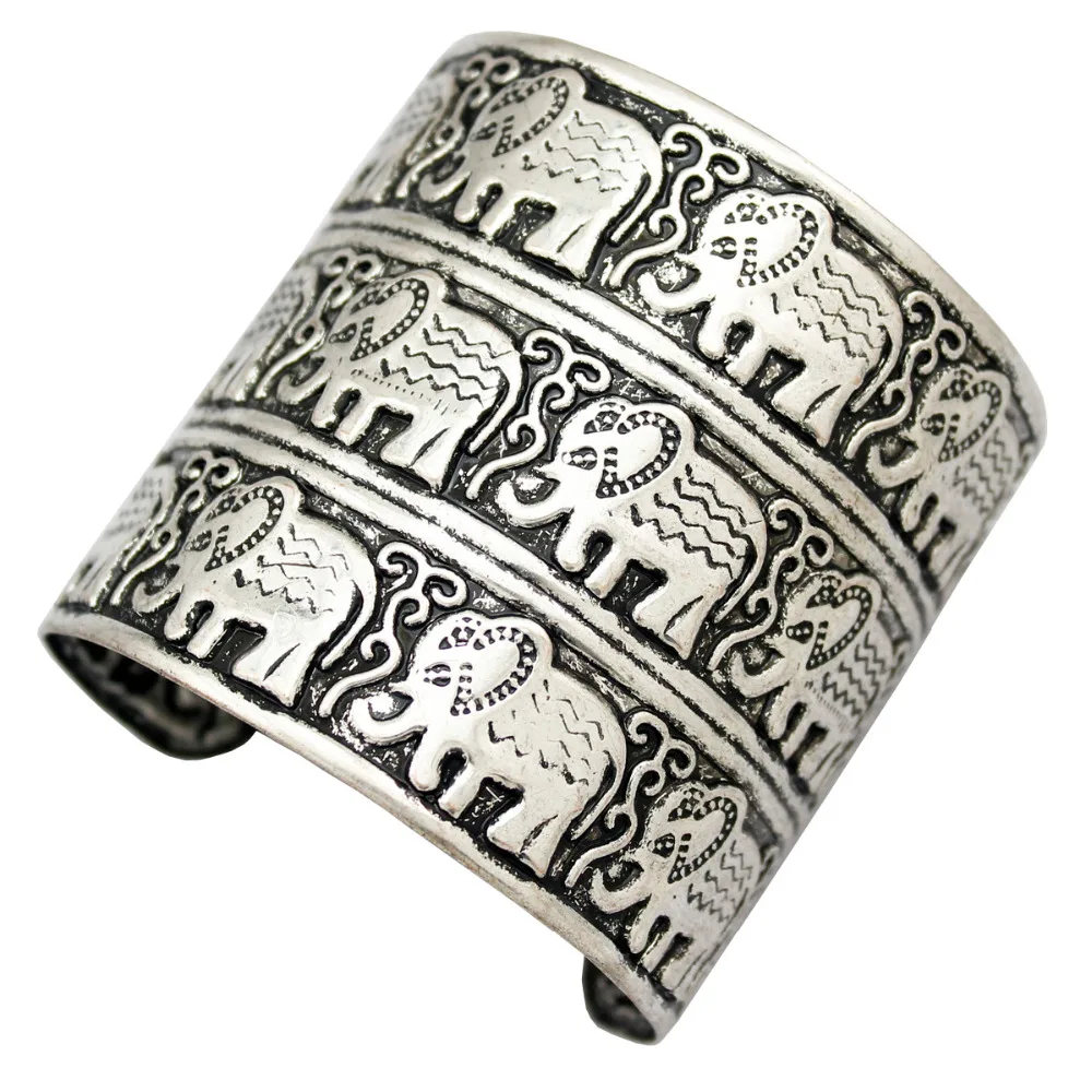 Woman Vintage Silver Plated Embossed Bracelet Elephant Hindu Ganesha Big Bangle Cuff Jewelry Anime Unisex Fashion Accessories