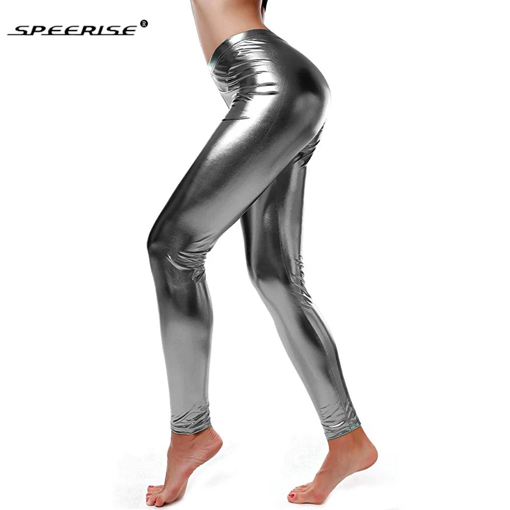 SPEERISE Women Mid Elastic Thin Leggings Large Plus Size Imitation Faux Leather Pants Skinny Shiny Black Plus Legging Fitness