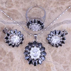 Wonderful Black Cubic Zirconia White CZ Silver Plated Jewelry Sets Earrings Pendant Ring Size 6 / 7 / 8 / 9 / 10 S0428