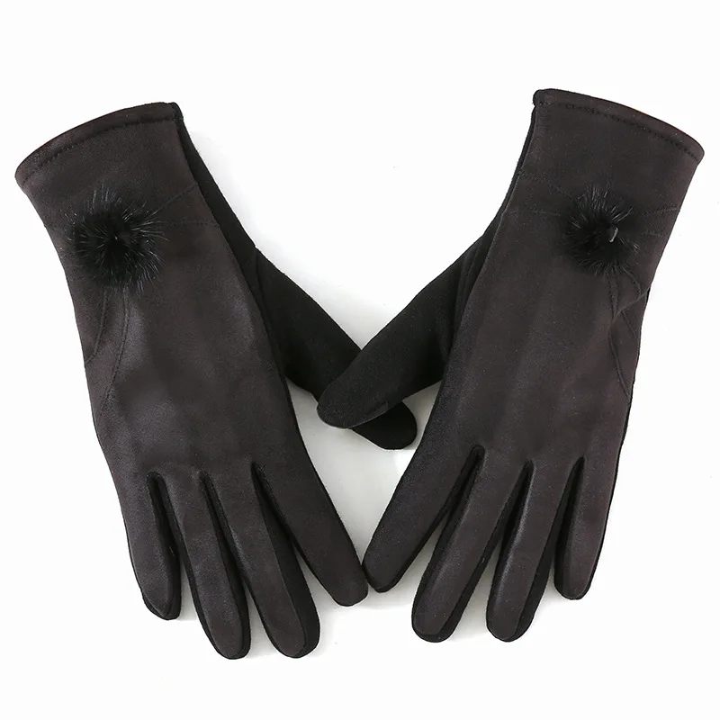 Winter Female Cashmere Suede Leather Hairball Mitten Women Thick Plus Plush Windproof Warm Wrist Touch Screen Driving Gloves B75