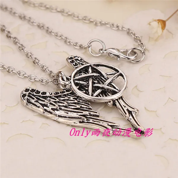 Hot Sale Movie Antique Silver Supernature Necklace Pentagram Pendant Castiel Wings Angel Wicca US SELLER 20pcs/lot