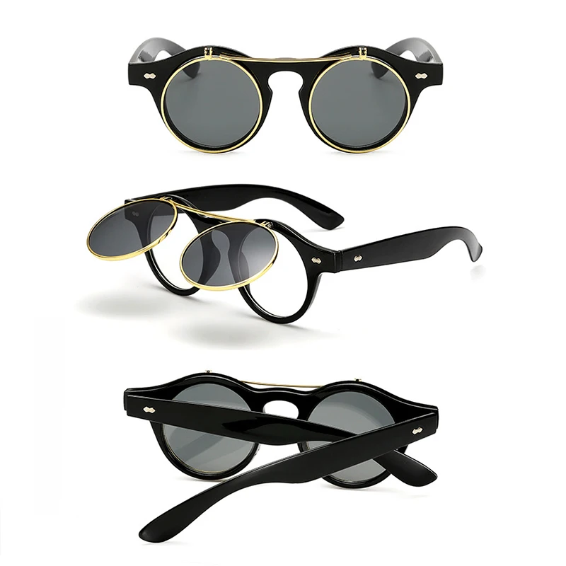 Fashion Round Steampunk Flip Up Sunglasses Men Women Vintage Double Layer Lens Design Classic Sun Glasses Oculos De Sol UV400