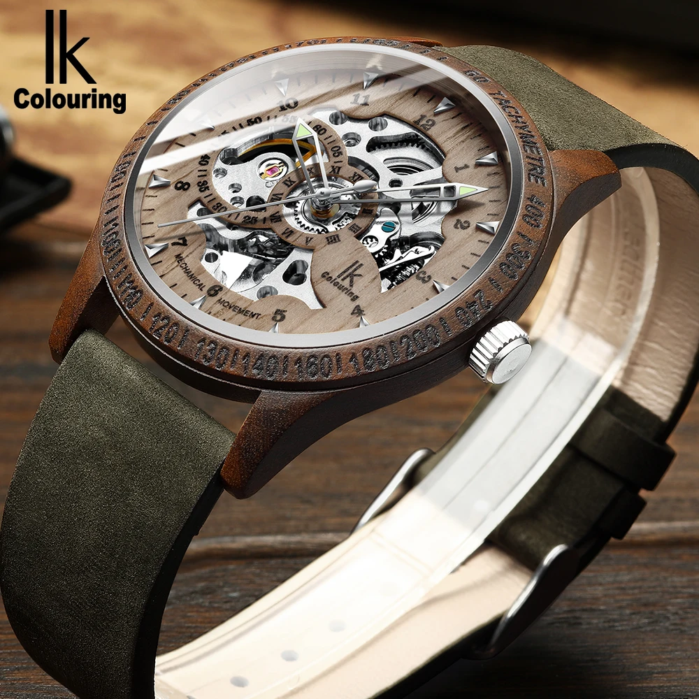 

IK Colouring Men Watch Fashion Casual Wooden Case Crazy Horse Leather Strap Wood Watch Skeleton Auto Mechanical Male Relogio