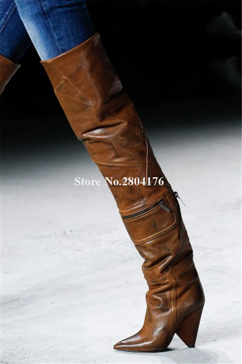 

Newest Brand Women Fashion Pointed Toe Leather Over Knee Spike Heel Boots Zipper Design Slim Long Boots Party Club Shoes