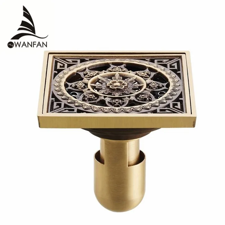 Drains 10*10cm Antique Brass Shower Floor Drain Cover Euro Art Carved Bathroom Deodorant Drain Strainer Waste Grate HJ-8507S