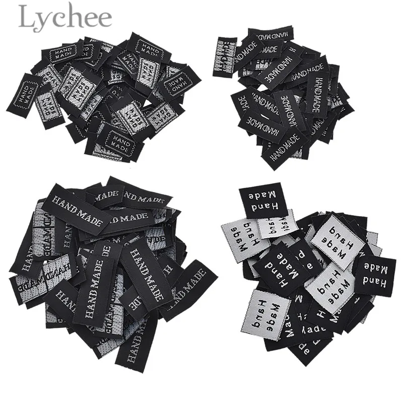 Lychee life 50 sztuk czarne, ręcznie robione etykiety tkane zmywalne haft tagi dla odzieży torby DIY akcesoria do szycia