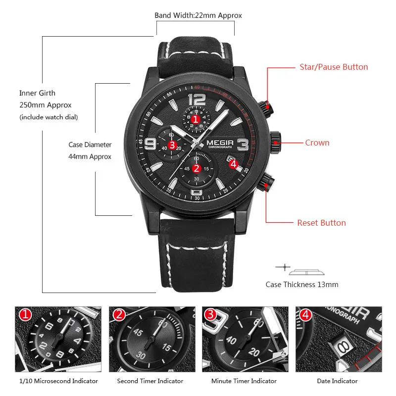 Megir Mens Chronograph Luminous Hands Waterproof Wristwatches Fashion Large Dial Calendar Leather Band Quartz Watch for Man