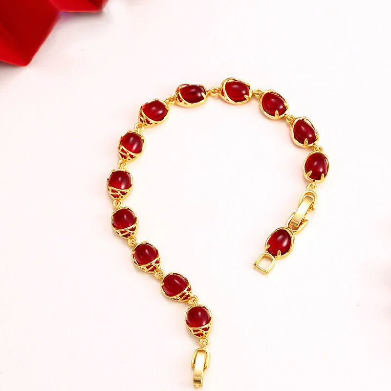 MxGxFam ( 18 cm + 3 cm ) Blood-Red / Green Water Stone Bracelet For Women Original Designs Fashion Jewelry 24 k Pure Gold Color