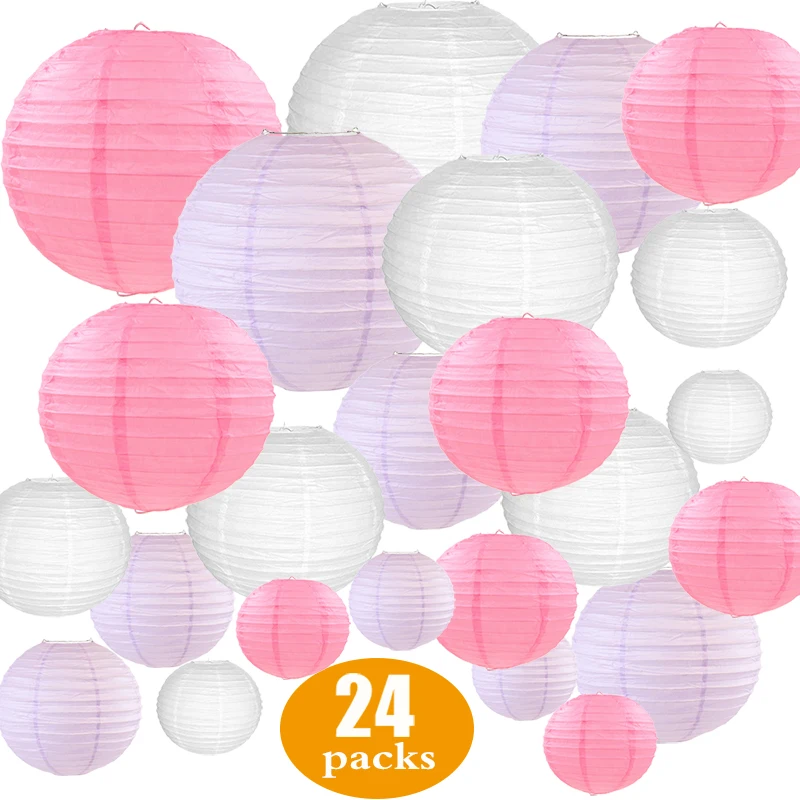 24 Pcs White Pink Light Purple Paper Lantern lampionnen Assorted Size Colors Round lampion Wedding Baby Shower Xmas Party Decor