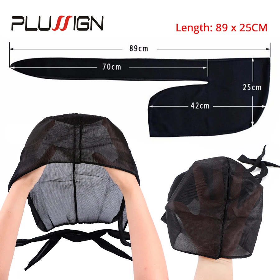 Plussign 실크 Durag 긴 꼬리 Durag 남녀공용 주름 없는 Du-Rag 100% 폴리에스터 화이트 블랙 Durag 스카프