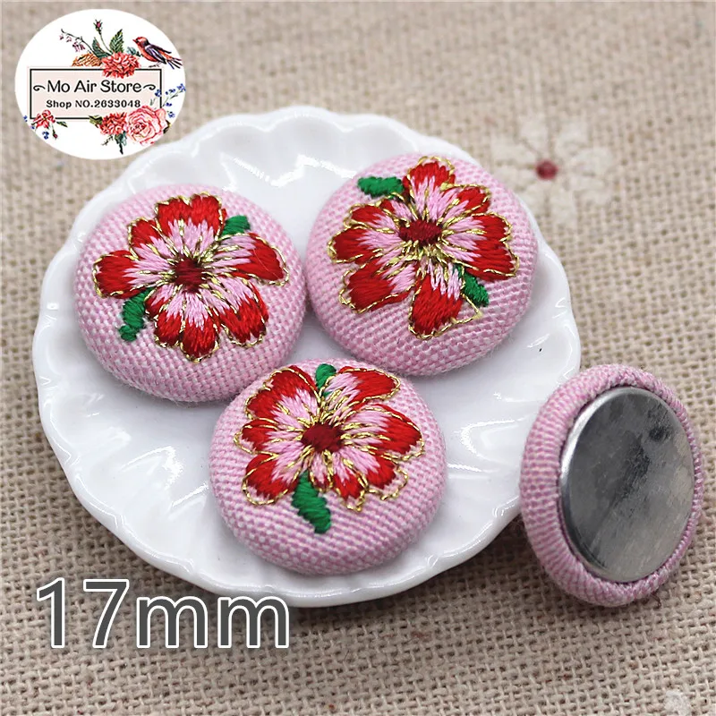 10 pz ricamo fiore di camelia Flatback tessuto coperto bottoni rotondi giardino di casa artigianato Cabochon Scrapbooking artigianato fai da te 17mm