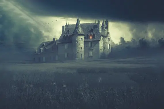 

Haunted Castle Foggy Field Halloween Witch photography backgrounds Computer print children kids backdrop