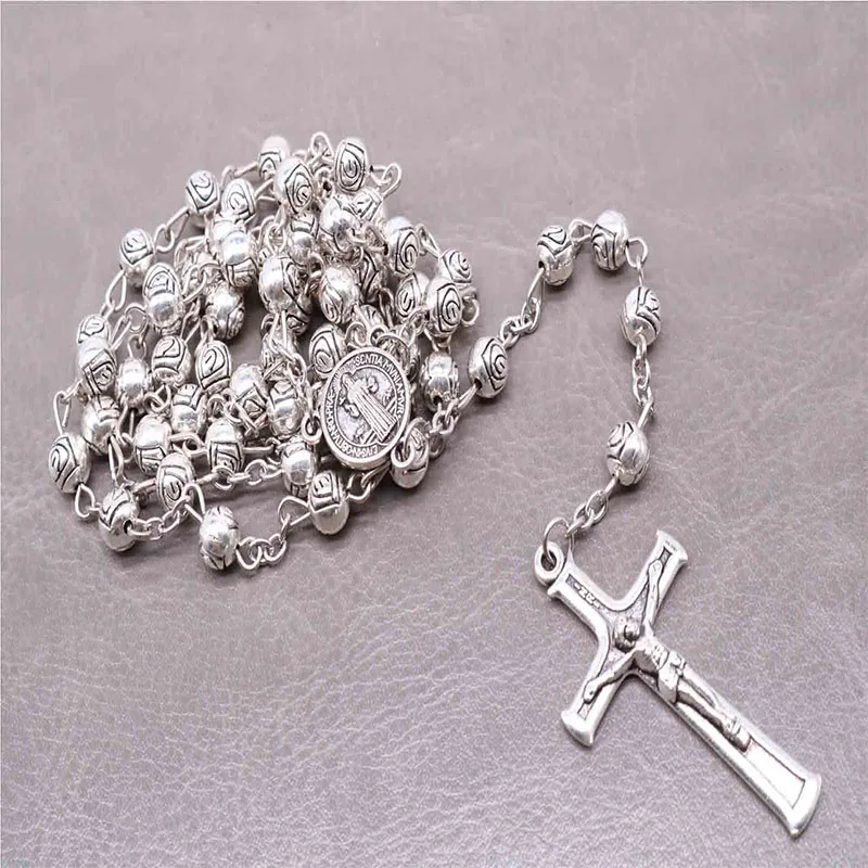 6mm zinc alloy rose rosary cross necklace religious jewelry men and women Catholic cross rosary prayer necklace jewelry gift.2pc