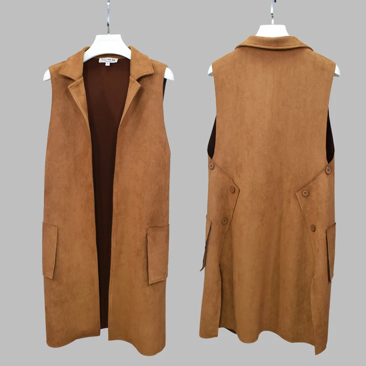 Women\'s Long Vest Solid Suede Fabric Side Split Button Pocket Plus Size Open Stitch Sleeveless Jacket New 2024 Outerwear