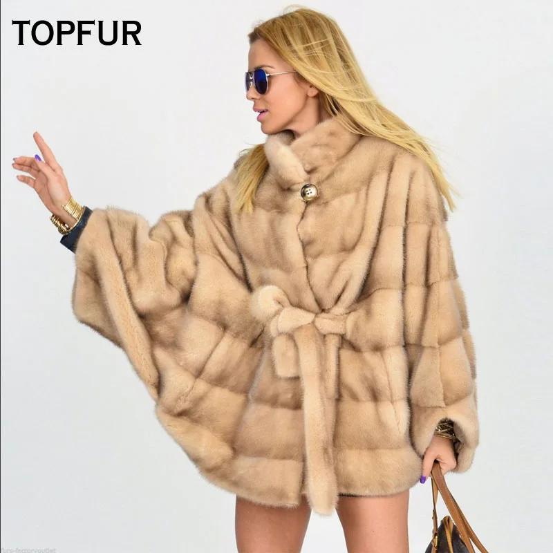 TOPFUR-abrigo de piel de visón para mujer, abrigo grueso y cálido de 70 Cm de largo con cinturón, chaquetas de piel para Otoño e Invierno