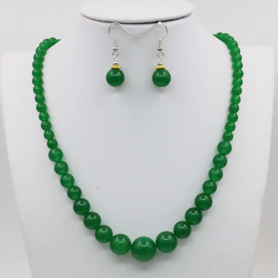 

Green Malay Chalcedony Necklace Chain Earring Sets Round Beads Jewelry Party Gifts Chalcedony 15inch Lucky Natural Stone 6-14mm