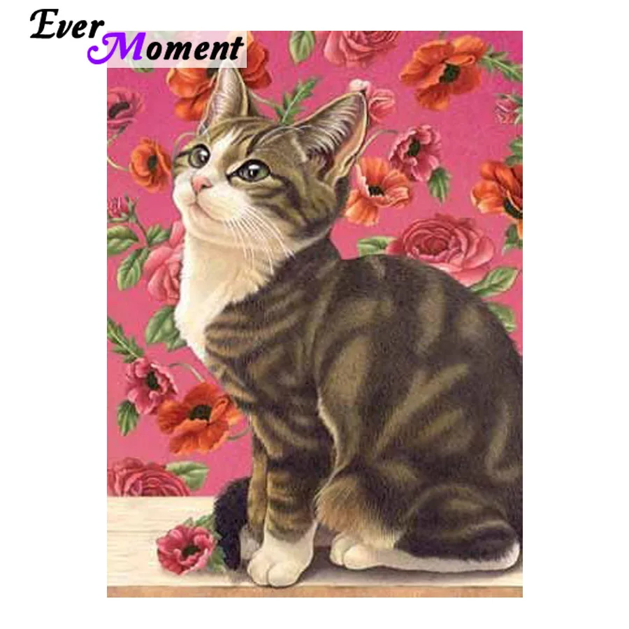 Ever Moment Diamond Painting Cat Rose Pink Flower Diamond Embroidery Painting Animal Pet Wall Painting Full Mosaic Kit ASF941