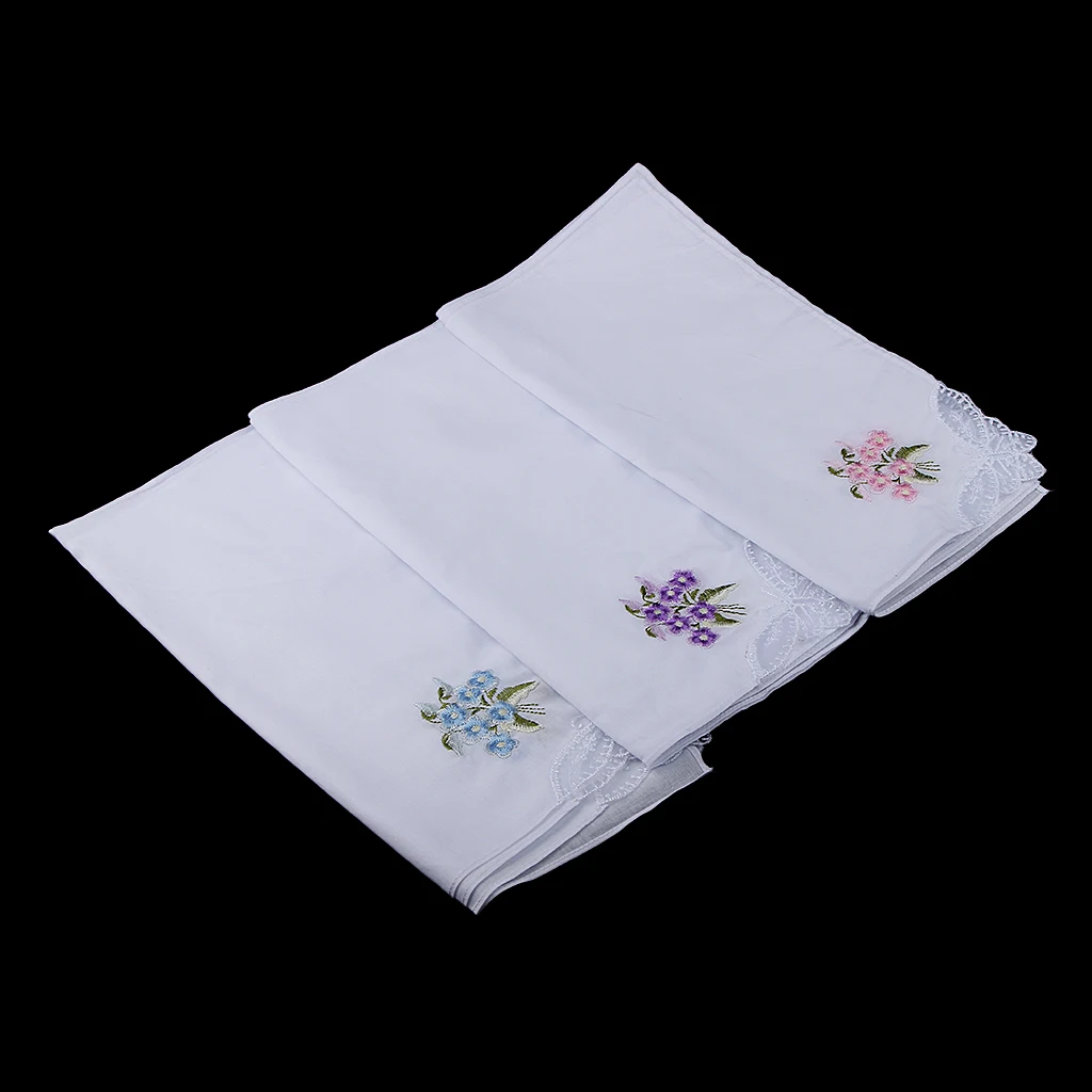 Pack of 12 Flower Embroidery   Cotton Handkerchiefs Comfy Pocket Hanky Square Handkerchiefs for Women White