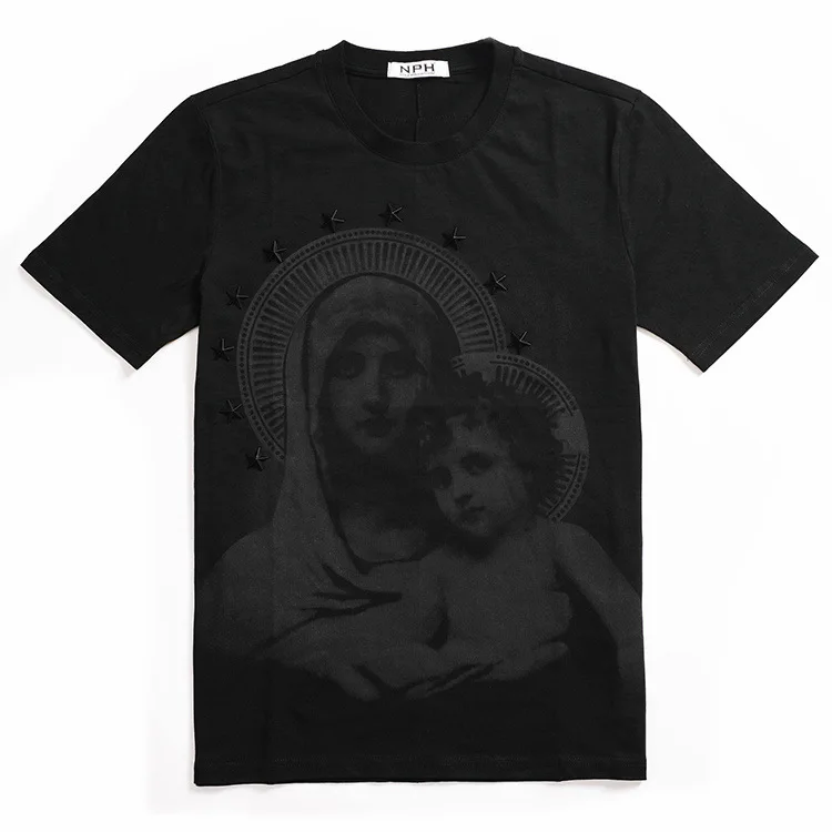 

New Novelty 2019 Men Virgin Mary plastic stars T Shirts T-Shirt Hip Hop Skateboard Street Cotton T-Shirts Tee Top Kenye #33