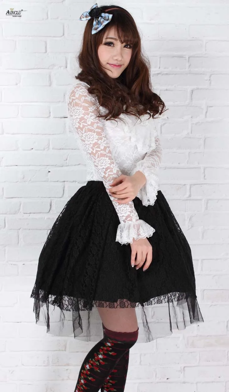 Sweet Princess Lolita Lace Skirts Womens Polyester Black Yarn Rose Lace Lolita Dumplings Half Skirt Ladies Pleated Party Skirts