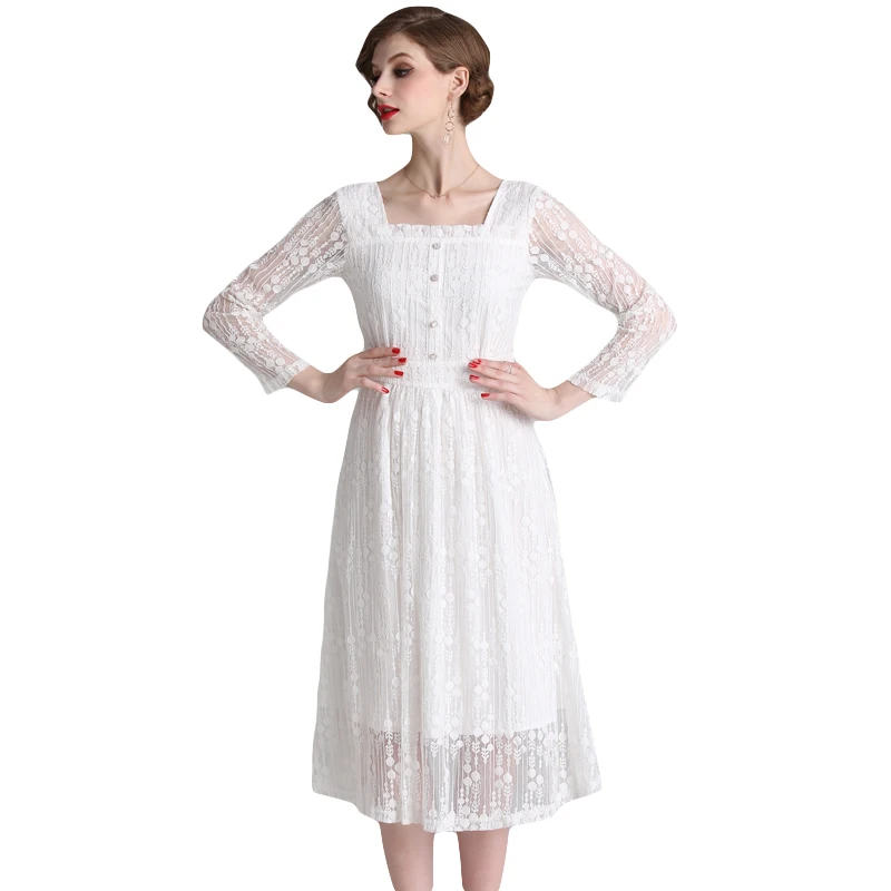 

Bottoming lace dress spring female 2019 new retro small fresh lantern sleeves white long dresses first love Dress