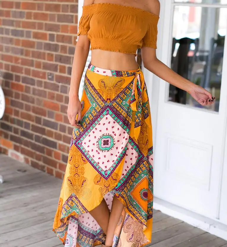 Sexy fashion Vintage floral print long skirts women Summer elegant beach maxi skirt Boho high waist asymmetrical skirt