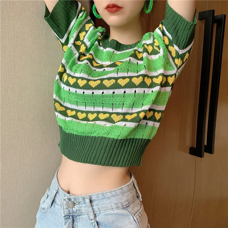 New Women Striped Short Sleeve Green Sweaters Shirts O-Neck Cropped Thin Hollow Out Sweater Pullover Crop Top For Female