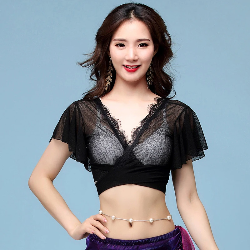 Cheap 2018 Dance Wear Women Sexy Top Cross Crop Halter V-neck Belly Dance Elastic Black Tops with Flare Sleeves