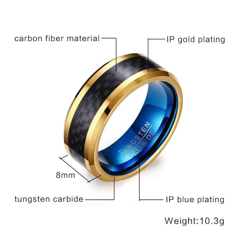 8MM Blue Tungsten Carbide Rings for Men Jewelry with Black Gold Color Carbon Fiber