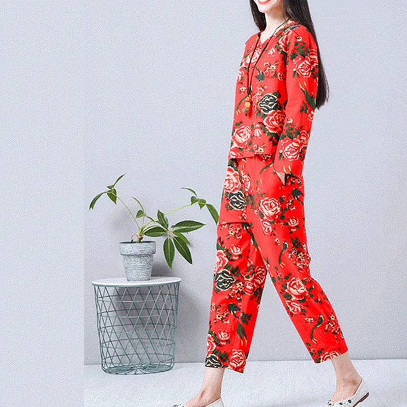 UHYTGF National Wind Sets Mulheres Soft Cotton Linen Printing Loose Summer 2 Piece Set Pullover Top + Pants Casual Suit Feminino 1417