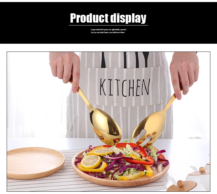 Big Salad Spoon Fork Set Stainless Steel Kitchen Food Server Pasta Utensils Public Gold Tableware Using Buffet Restaurant Tools