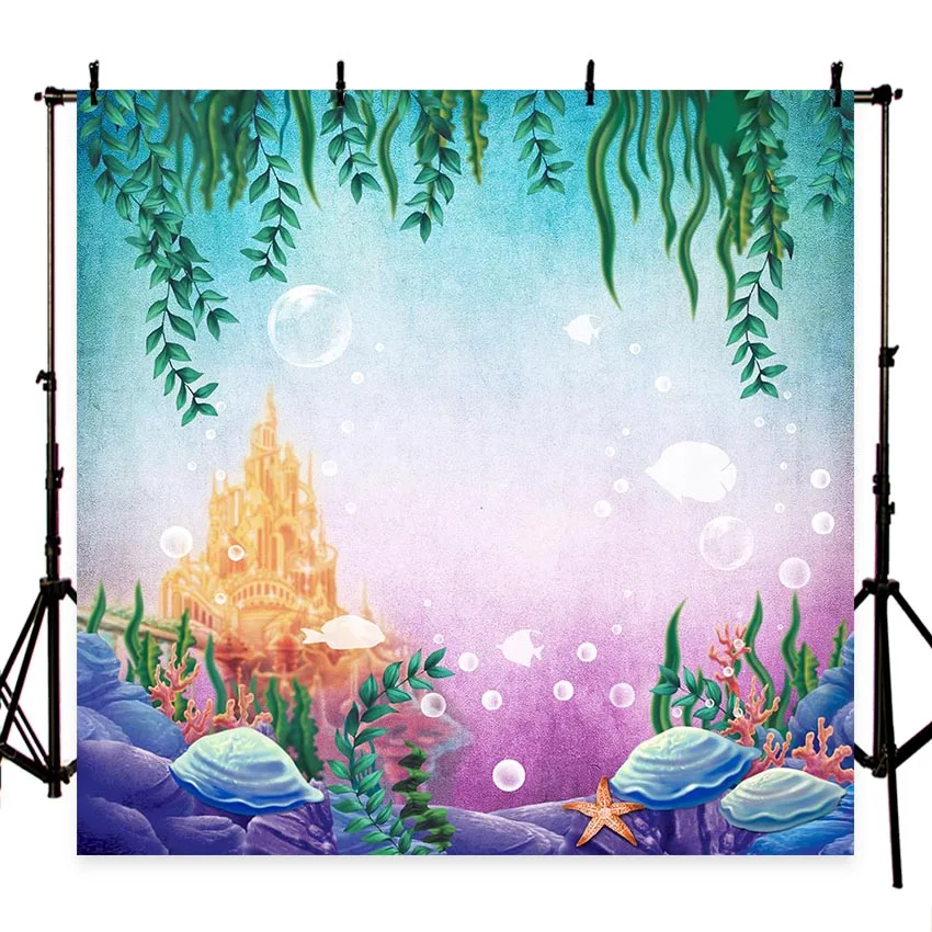 

Little Mermaid Under Sea Bed Caslte Corals Ariel Princess Photography Backdrop Baby Party Birthday photo background G-449