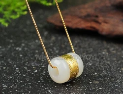 Natural White Hetian Jade + 18K Solid Gold Inlaid Round Safety Lucky Amulet Pendant + Rope Necklace Fine Jewelry + Certificate
