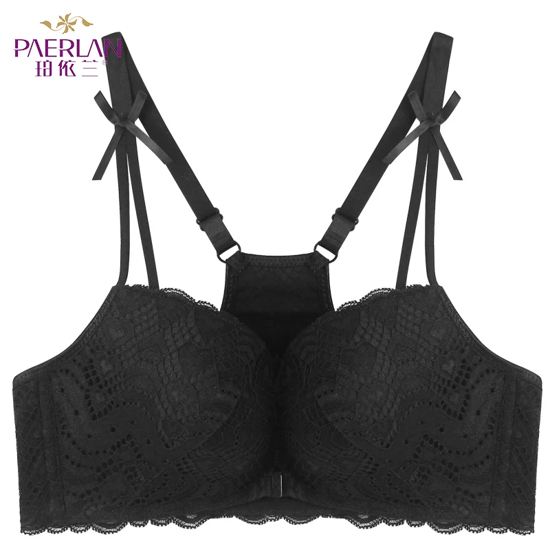 PAERLAN Wire Free  Front Closure Push Up Women Bra 5/8 Cup Bow Floral Lace Small chest sexy back vest type Seamless underwear