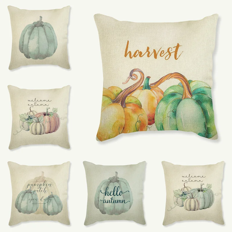 Happy Fall Thanksgiving Cushion Cover Farm Water Color Pumpkin Print Happy Autumn Party Sofa Decoration Pillow Case