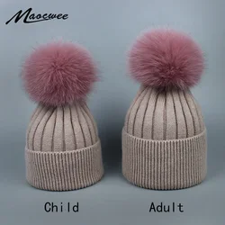 Adults and Children Wool Real Raccoon Fox Fur Pom Poms Winter Woman Hats High Quality Knitted Vogue Warm Casual Skullies Beanies