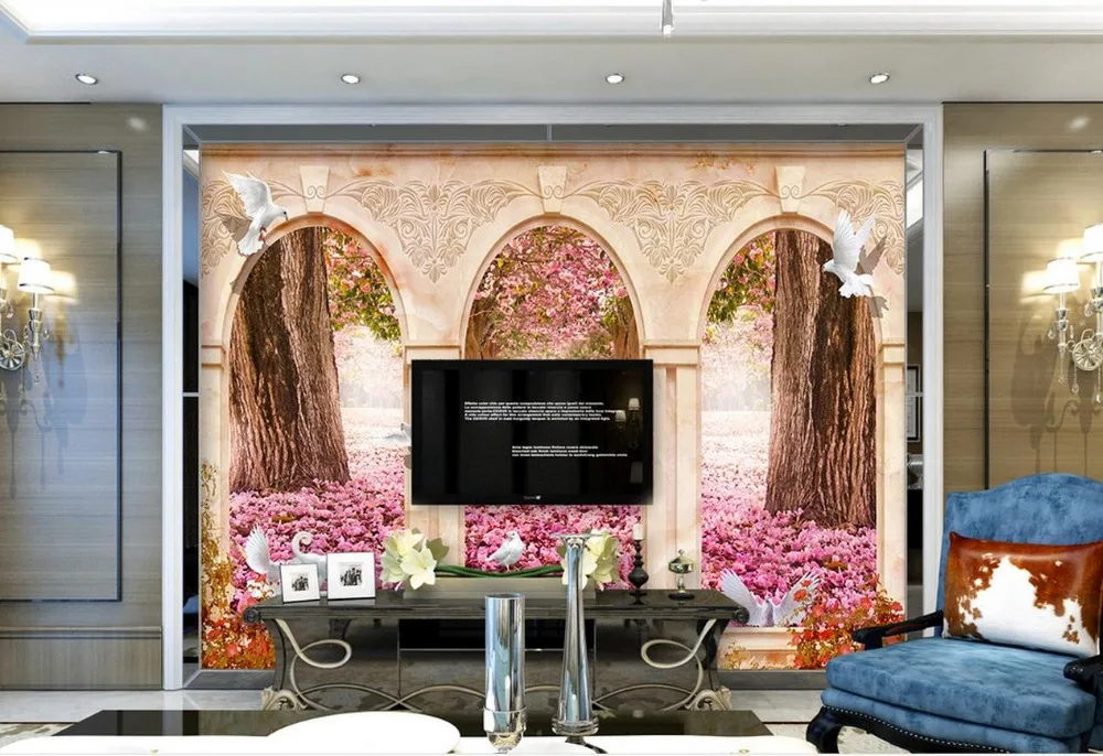 wallpaper 3d mural Cherry blossom Avenue Arches pigeons Living room TV backdrop bedroom 3d photo wallpaper