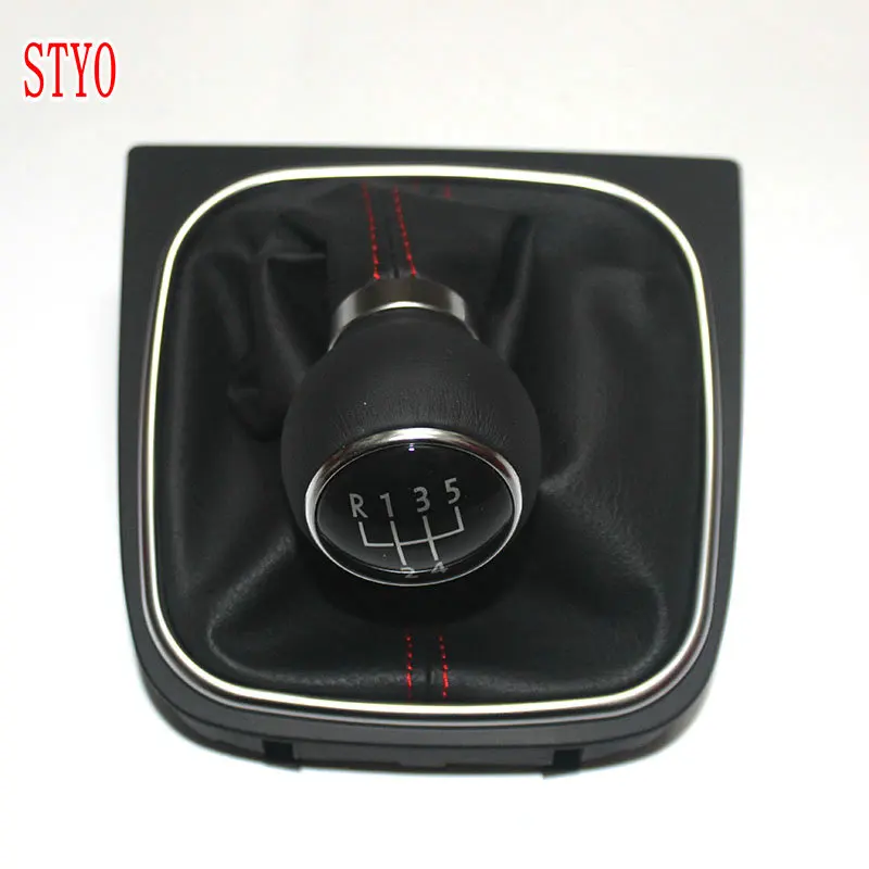 STYO 5 Speed Red Stitching Leather Manual Transmission MT Gear Shift Knob Boot Cover For  Golf 6 Jetta MK5 MK6 EOS