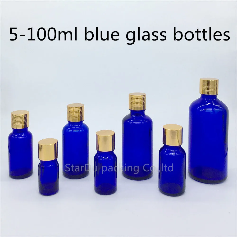 

5ml 10ml 15ml 20ml 30ML 50ml 100ml Blue Glass Bottle Vials, Essential Oil Blue Bottle With Gold Screw Cap Perfume Bottles 480pcs