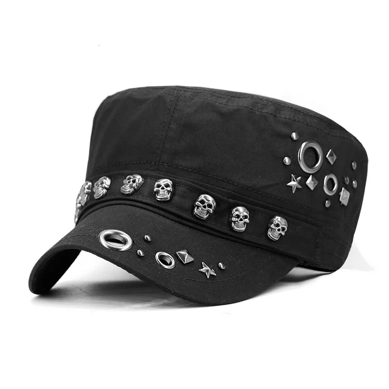 Cool Skull Rivets Punk Hip Hop Flat Top Cap Men Women SunShade Cotton Sports Sunscreen Baseball Cap Sun Hats P44