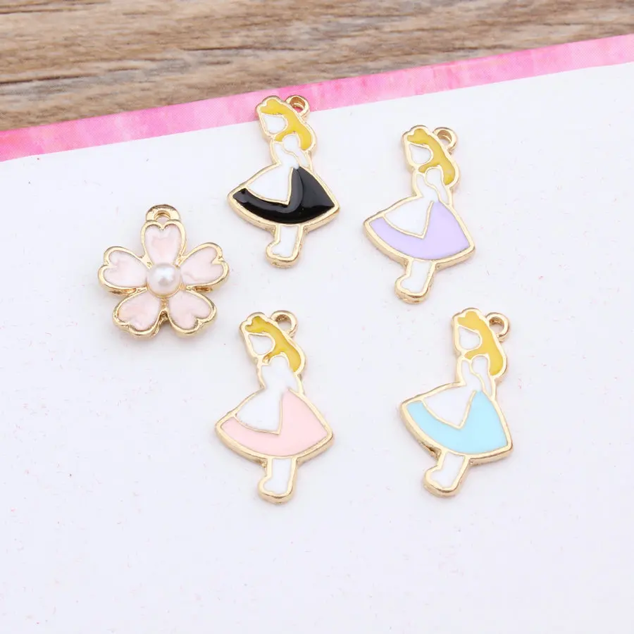 

Diy Jewelry accessory 50pcs/lot Alloy drop oil Gold Tone Cartoon Girls/Pearls Flowers Shape Metal Charms Fit Necklace Pendants