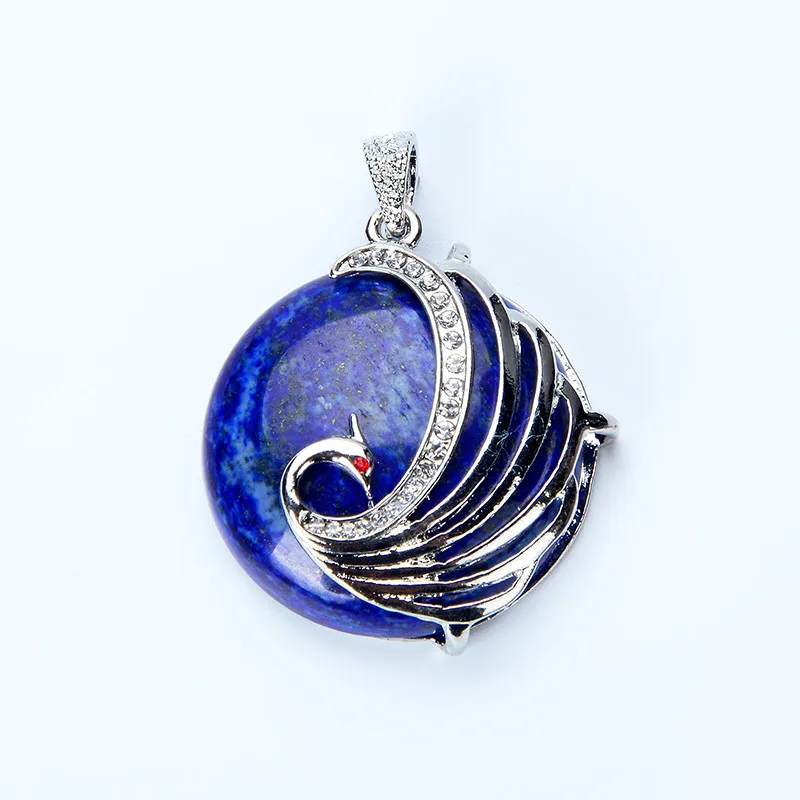 Fashion Jewelry Rose Pink Quartz Opal Aventurine Oblate Round Bead Inlaid Rhinestone Copper Metal Peacock Pendants for Necklace