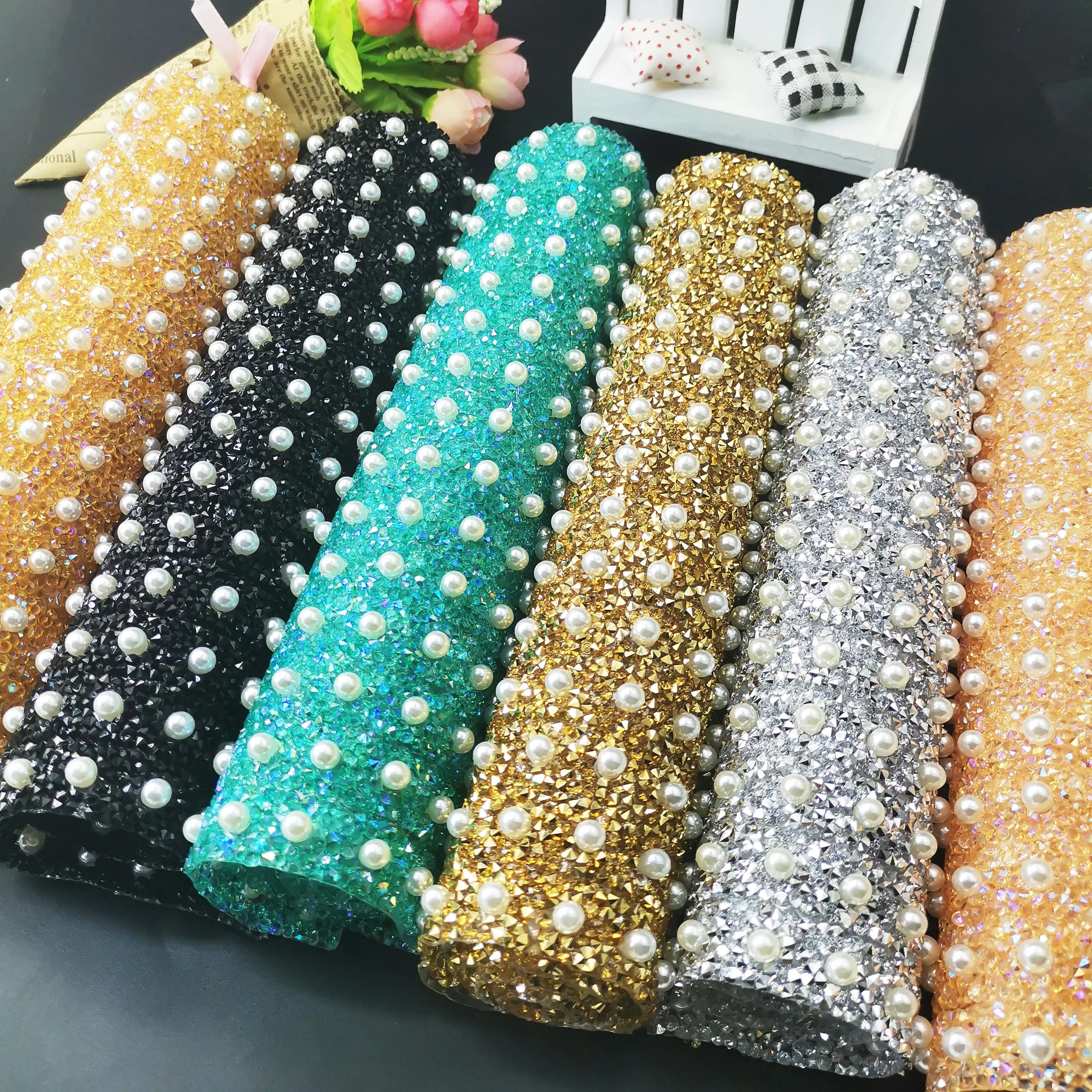 24*40cm Pearl Glitter Multicolor Rhinestone Mesh Trim Hotfix Crystal Fabric Sheet Strass Ribbon Applique For Dress Crafts