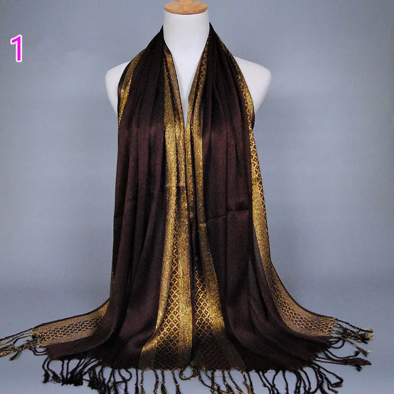 

fashion women Muslim Head Hijab Scarf Classic gold silk tassel scarf shiny section Muslim Hui Baotou scarf shawl hot sale