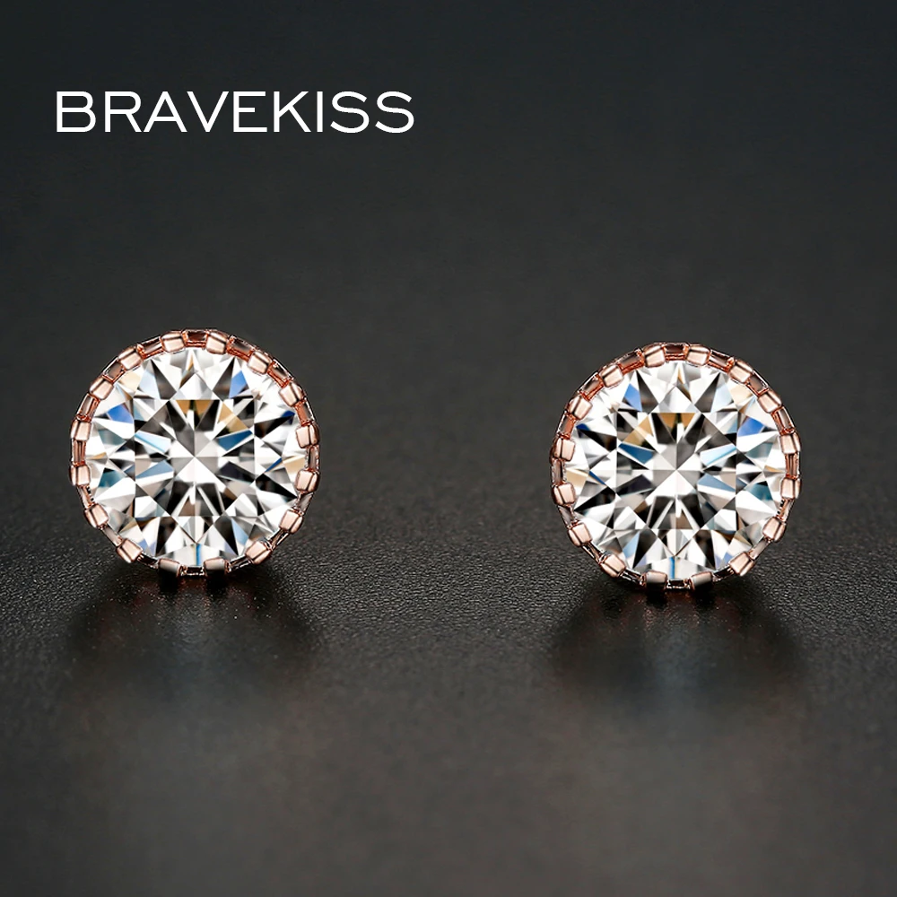 BRAVEKISS Round Circle Stud Earrings Pave Zircono Rose Gold Color Piercing Women's Earrings Ladies  Fashion Jewellery BUE0013A