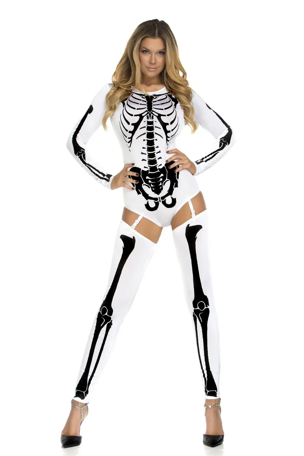 Halloween Scary Cosplay Costumes for Women Skull Skeleton Bodysuit Carnival Party Clothing Skull Dress Jumpsuit