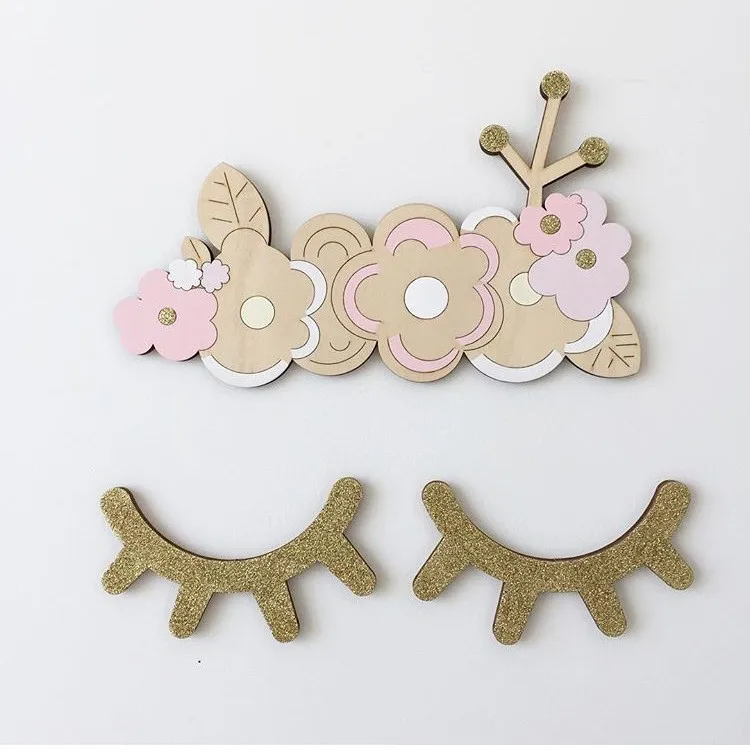 INS Kids Room Decoration Cute wood eyelash wall ornament Home Furnishing baby room door wall pose decorative wooden home decor