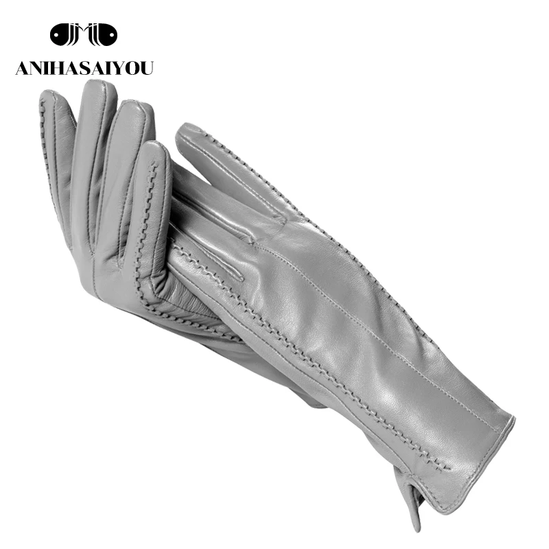 Guantes de cuero de alta calidad para mujer, manoplas sencillas de piel de oveja, color gris claro y cálido, para invierno, female-2226H