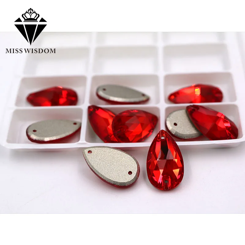 New High quality flatback glass crystal double hole sew on rhinestones Teardrop shape Red rhinestones diy clothing accessories